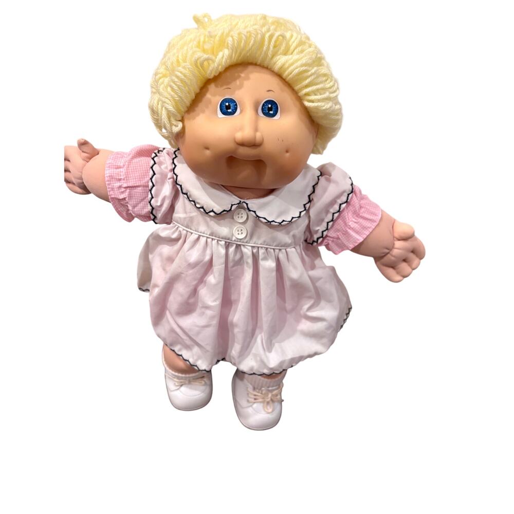 1985 Cabbage Patch Kids Doll Girl Yarn Hair Pink Dress Yellow Blonde Blue Eyes